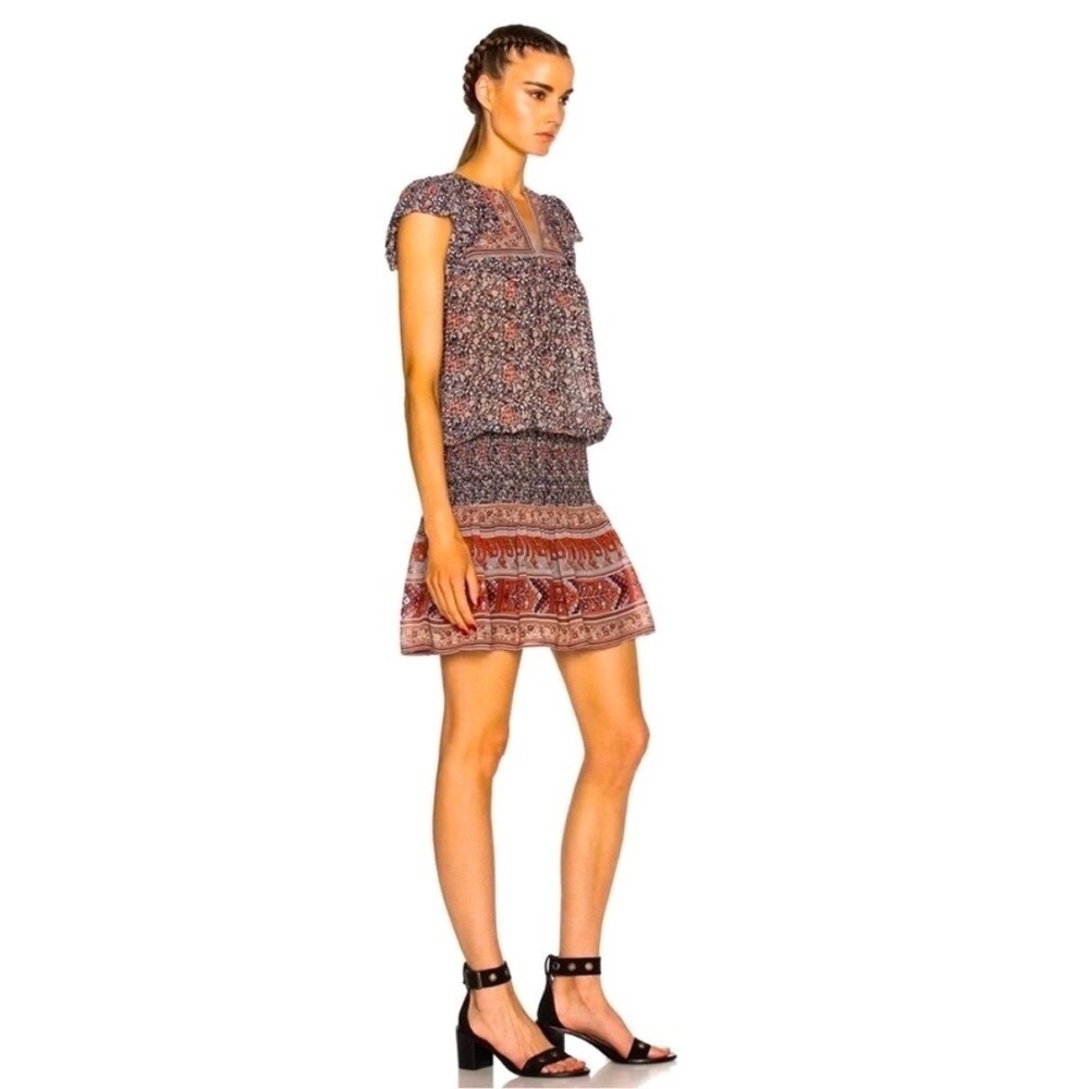 Ulla Johnson Silk Floral Smocked Mini Dress Navy Rust Flutter Sleeve Boho